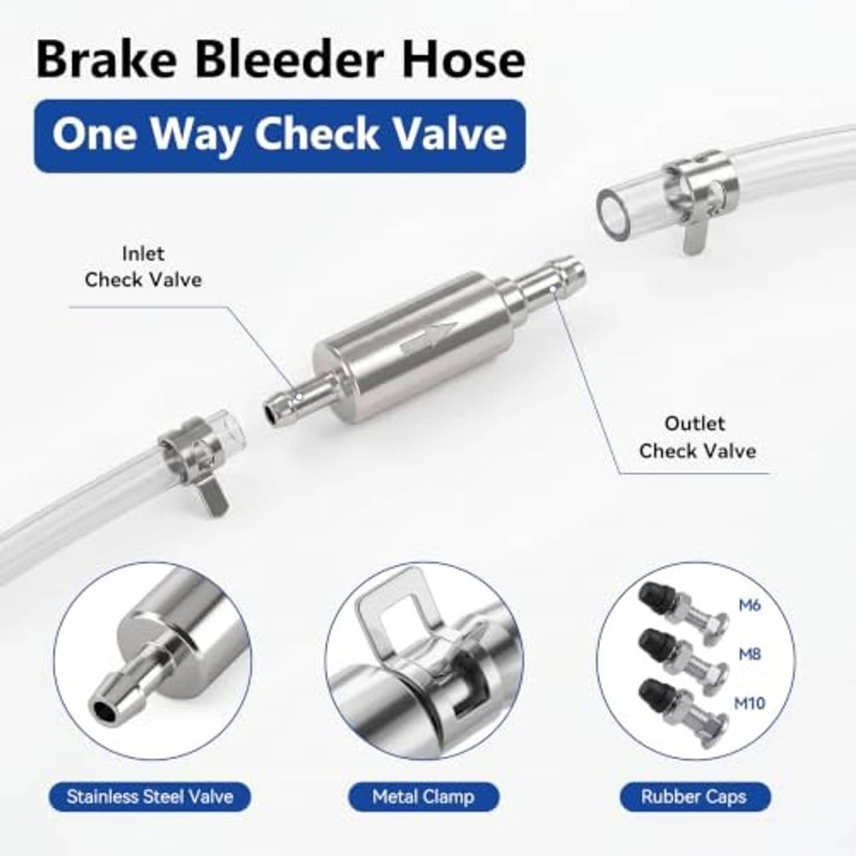 One-way check valve brake bleeder hose with metal clamp and rubber caps, silver