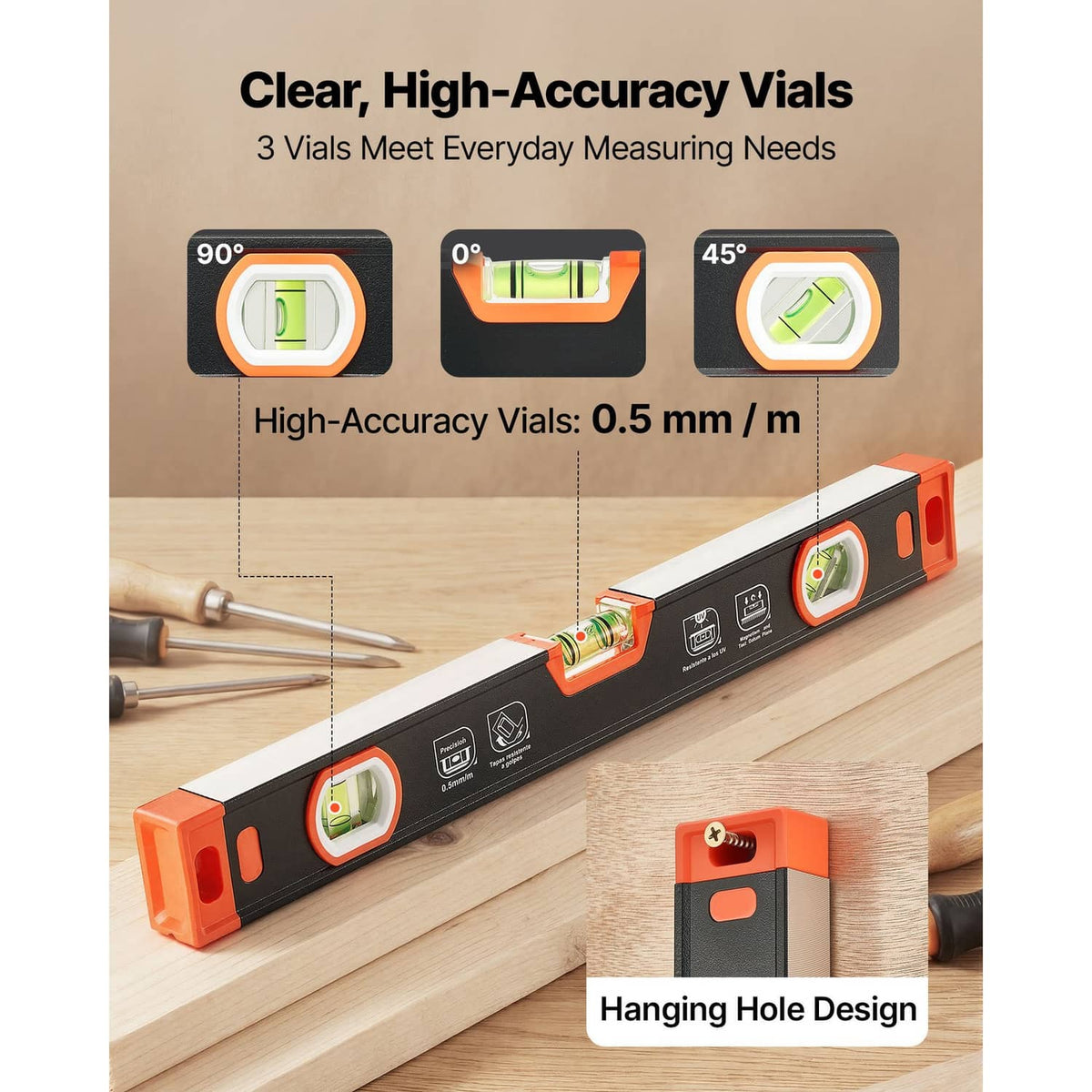 Black and orange torpedo level bar with three vial windows