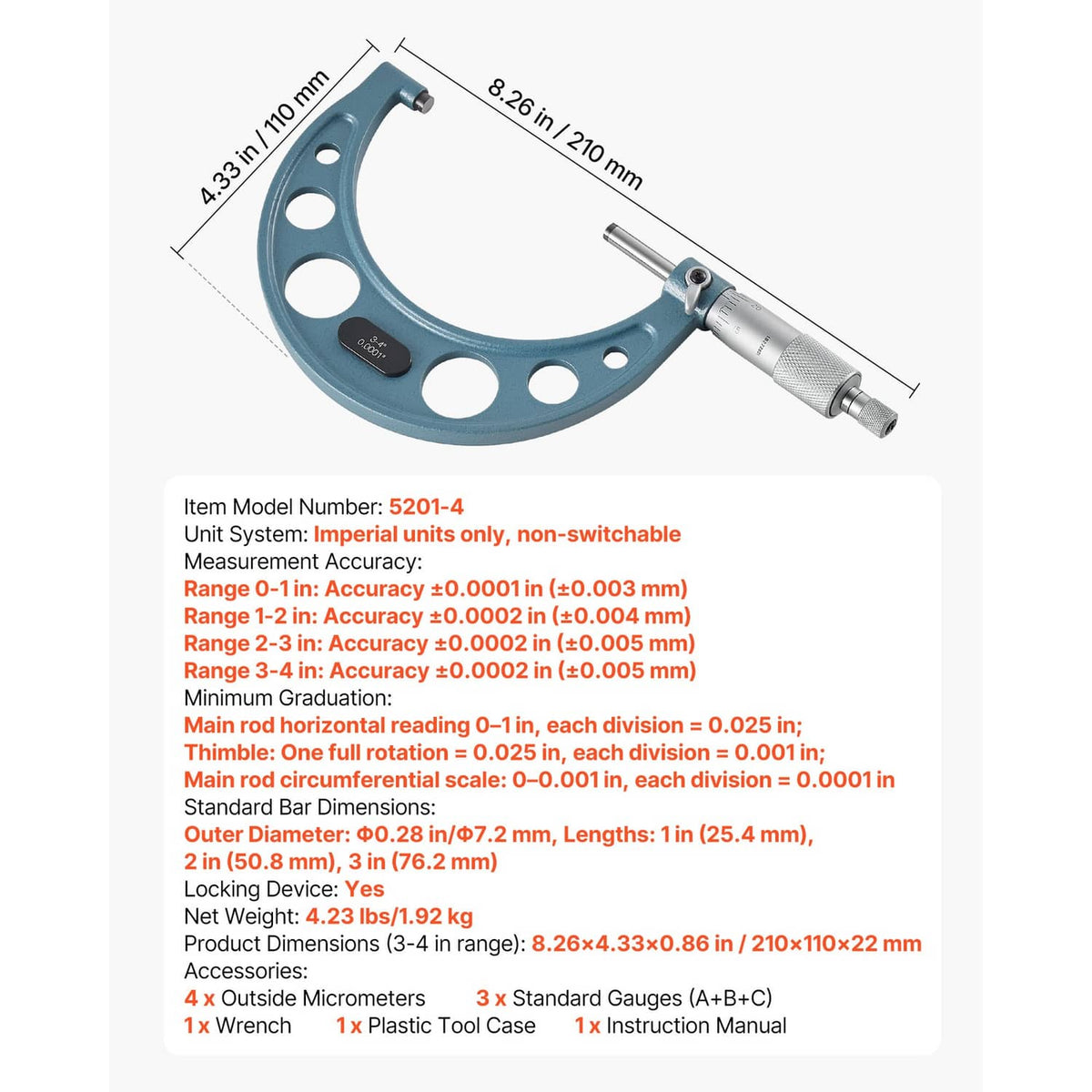 Teal C-frame outside micrometer with silver thimble and measuring rod, with dimensions