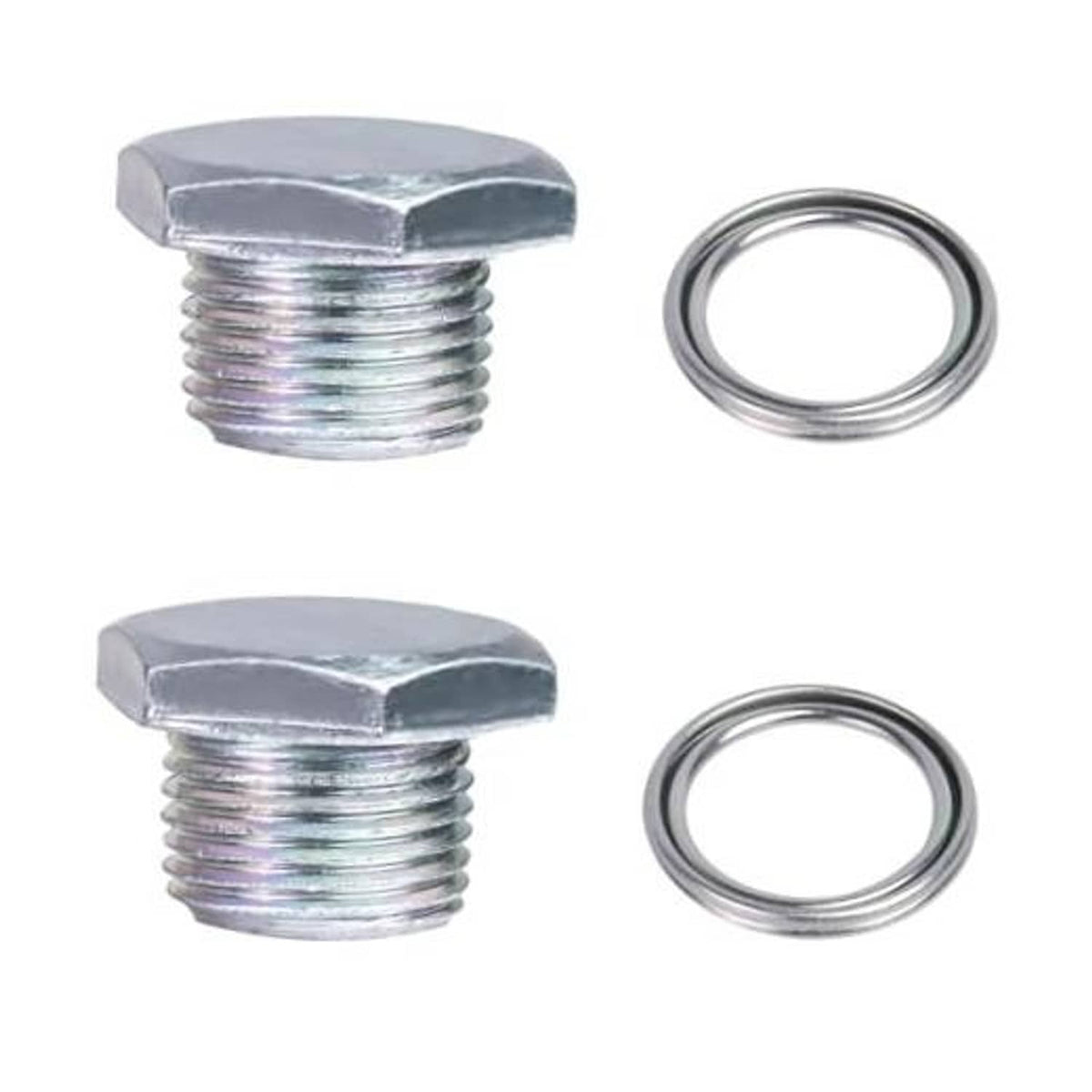 Rear axle drain plug set with two metal drain plugs and two circular sealing rings