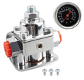 Low fuel pressure regulator with round fuel pressure gauge; chrome metal body and fittings