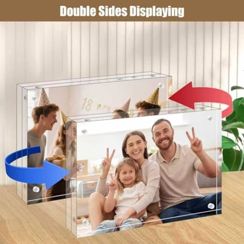 Clear acrylic double-sided picture frame showing family photos through transparent cover