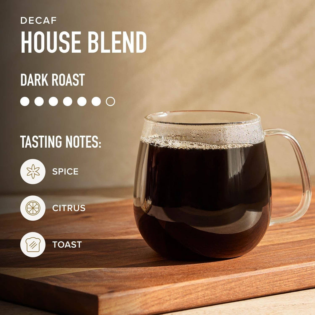 Decaf house blend dark roast coffee pod product panel with tasting notes icons
