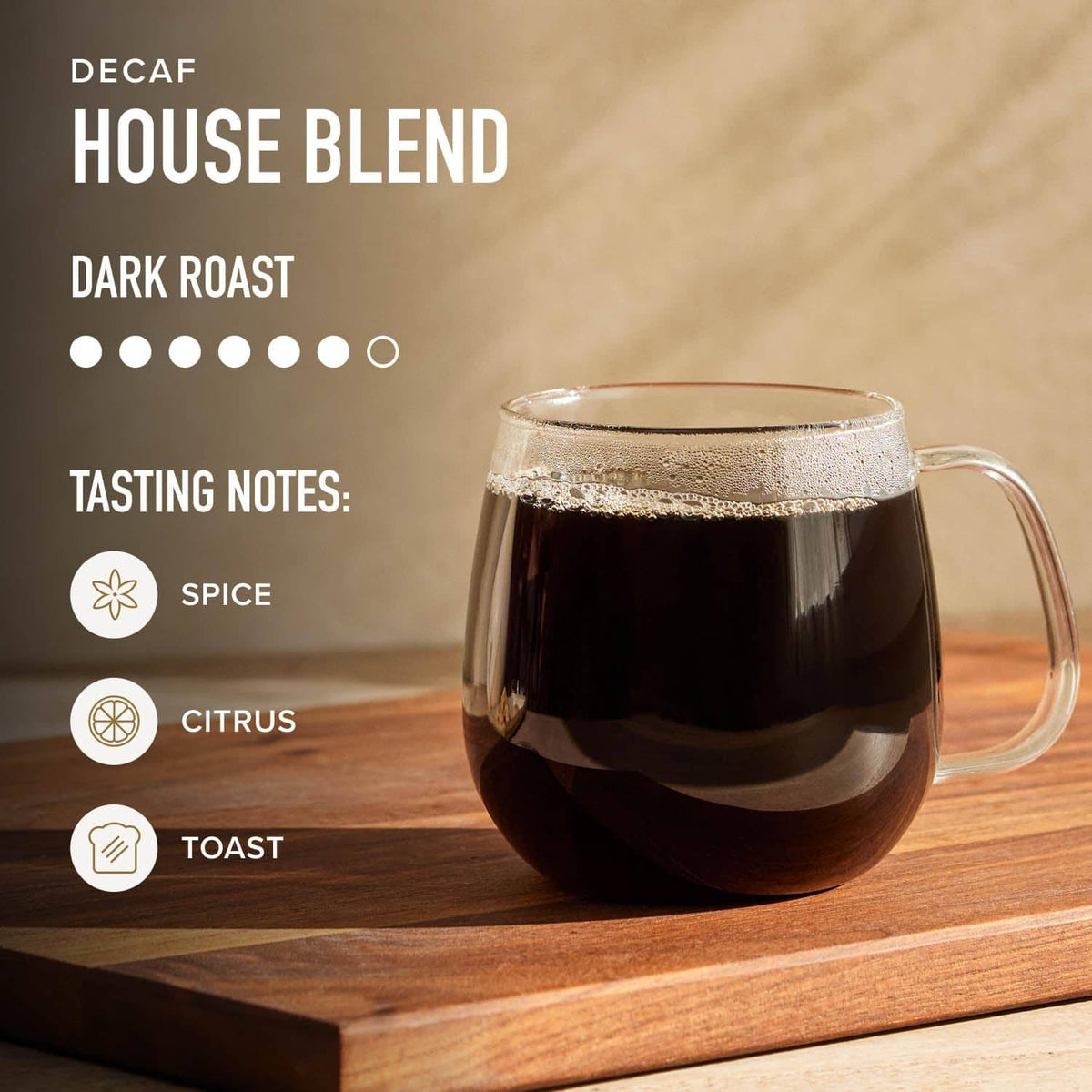 Decaf house blend dark roast coffee pod product panel with tasting notes icons