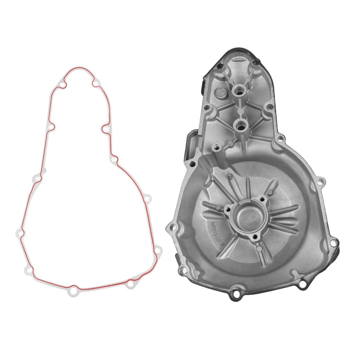 Engine stator crankcase cover and gasket outline; includes bare metal cover detail view.