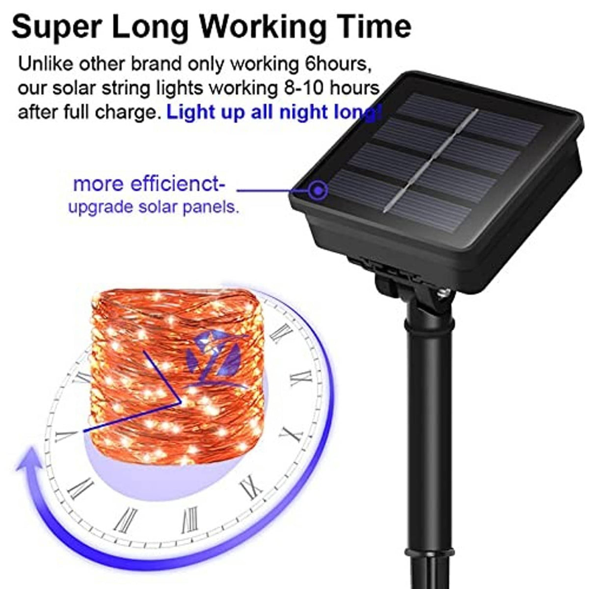 Solar string lights with orange copper wire coil and black solar panel stake
