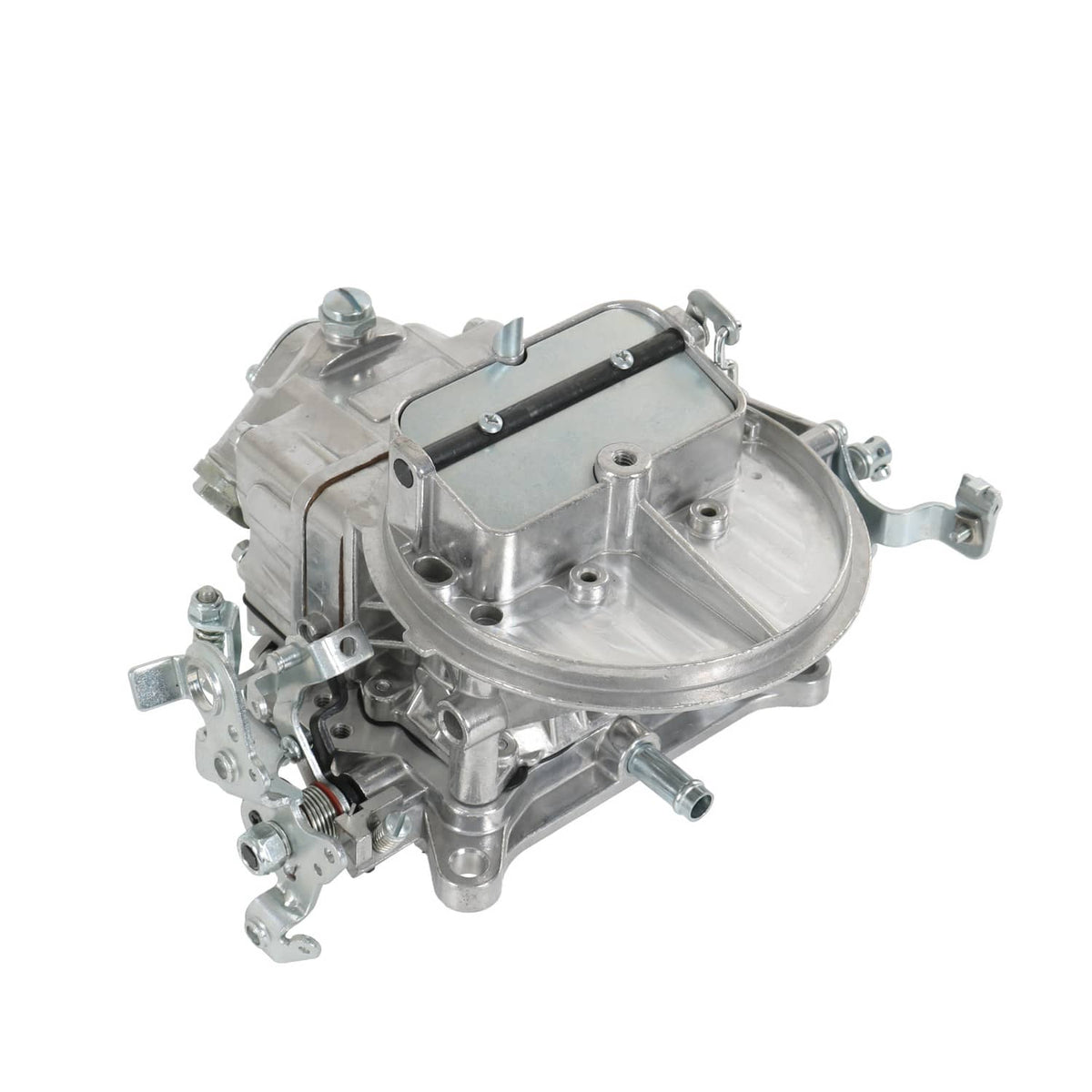 2-barrel carburetor side view with throttle linkage and circular base