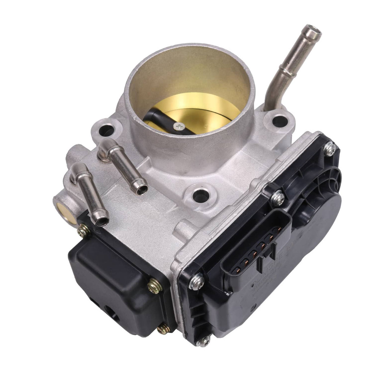 Electronic throttle body underside view with silver housing and black connector block