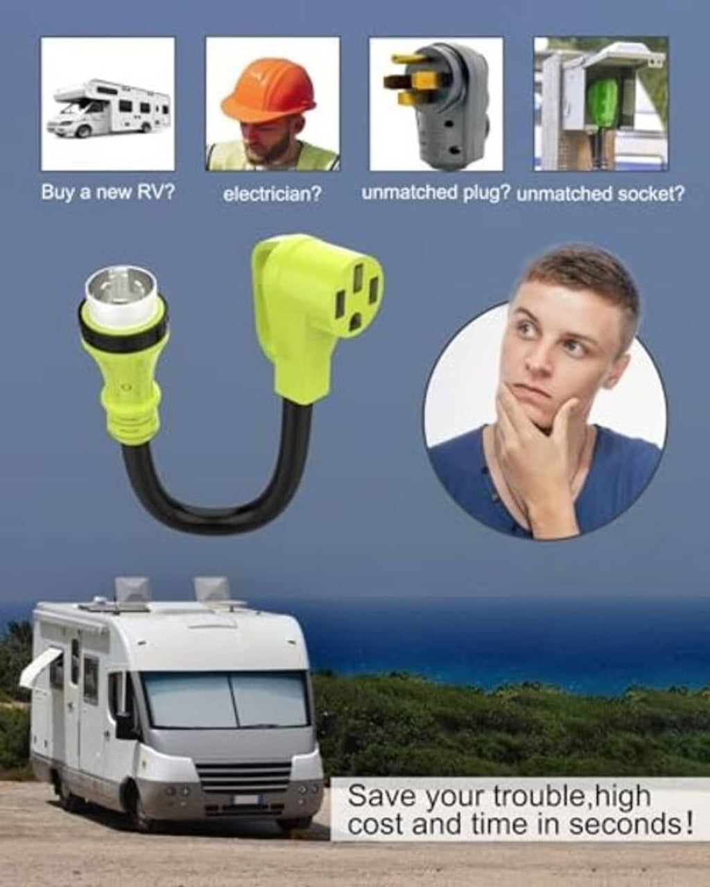 RV twist-lock adapter with bright green connectors and black cable for matching plug