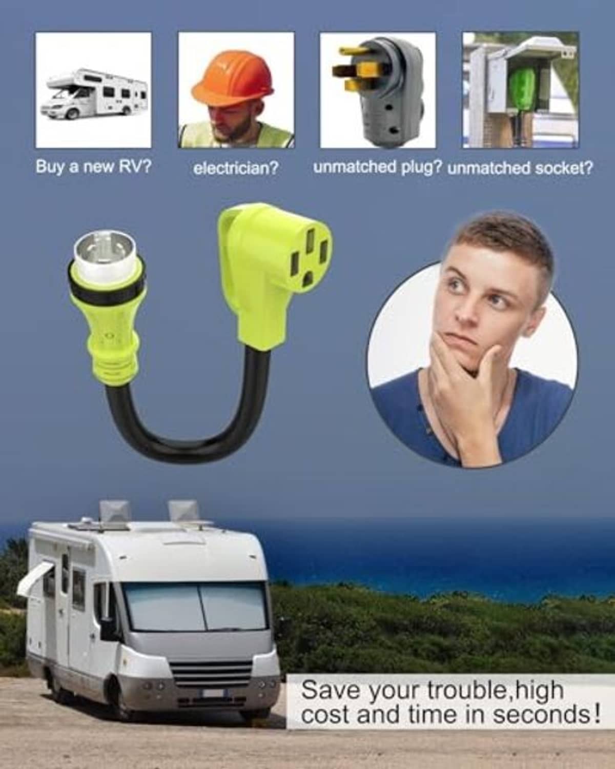 RV twist-lock adapter with bright green connectors and black cable for matching plug
