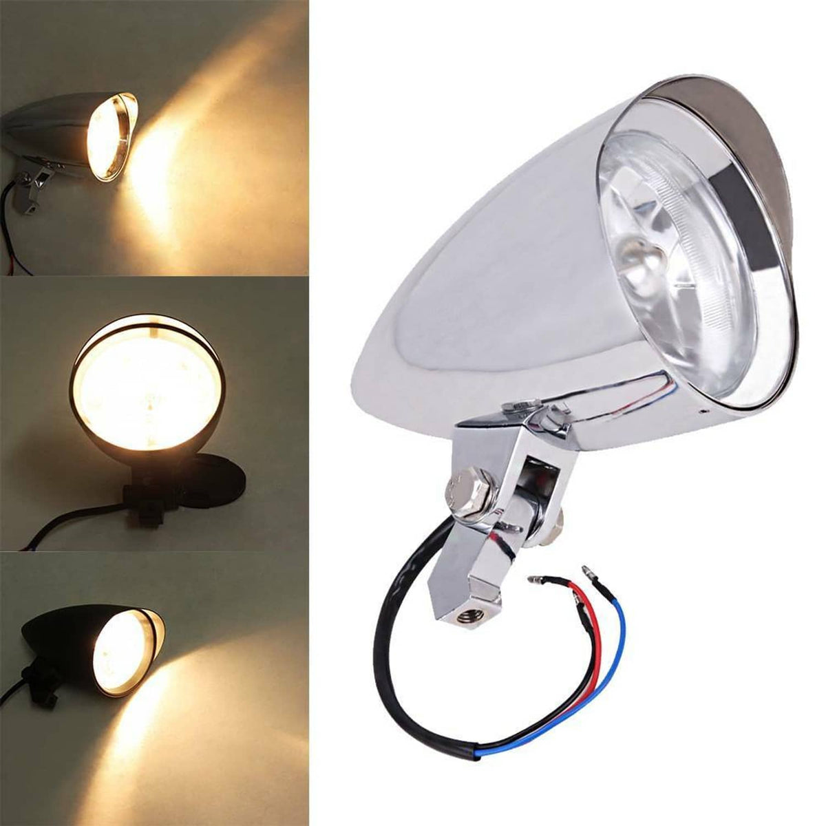 Motorcycle bullet headlight with chrome housing, illuminated beam, front and side views