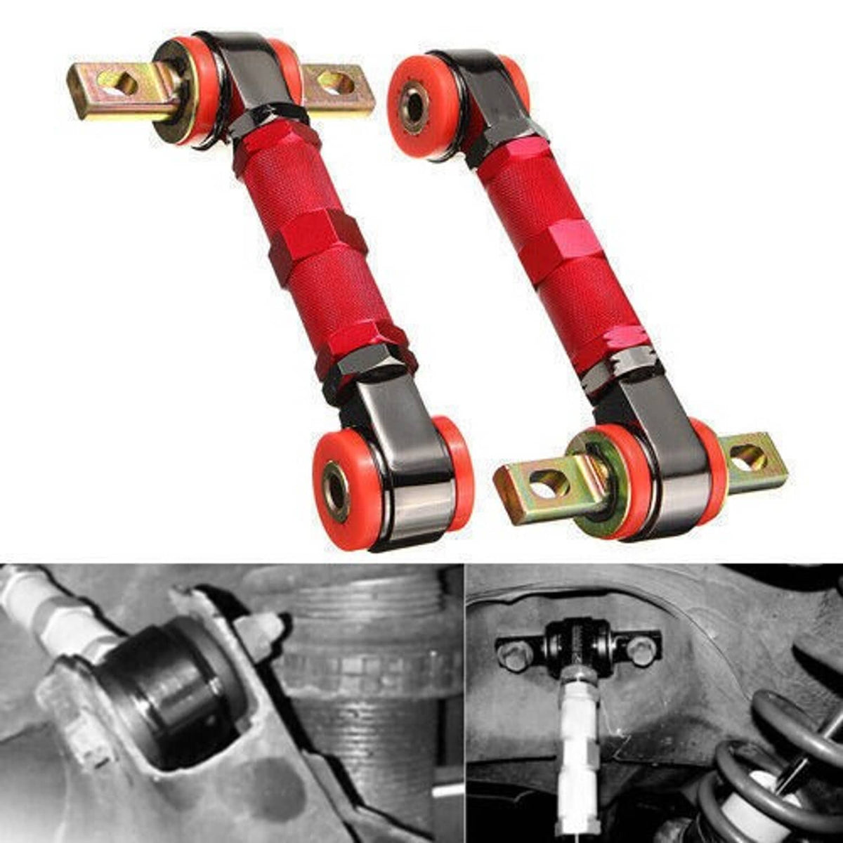 Pair of adjustable camber control arm rods with red tube and black/red end bearings.