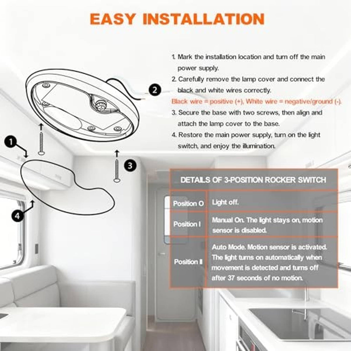 Oval LED motion sensor ceiling light installation diagram with 3-position rocker switch
