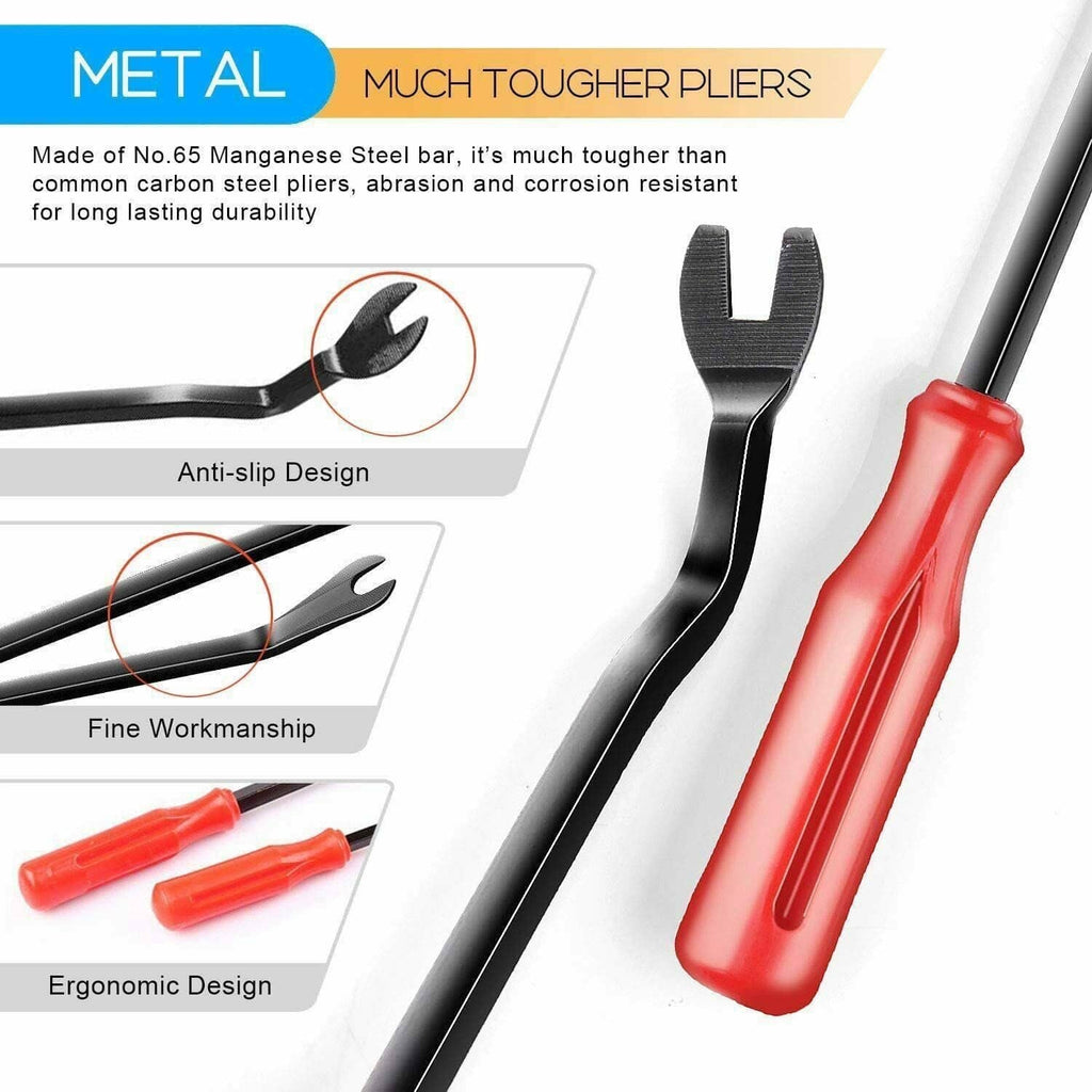 Red-handled metal pliers tool for installing and removing automotive clips