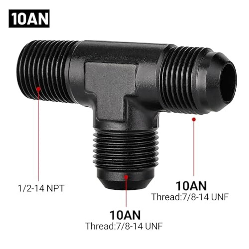 Black T-style adapter fitting showing three threaded connections on a center body