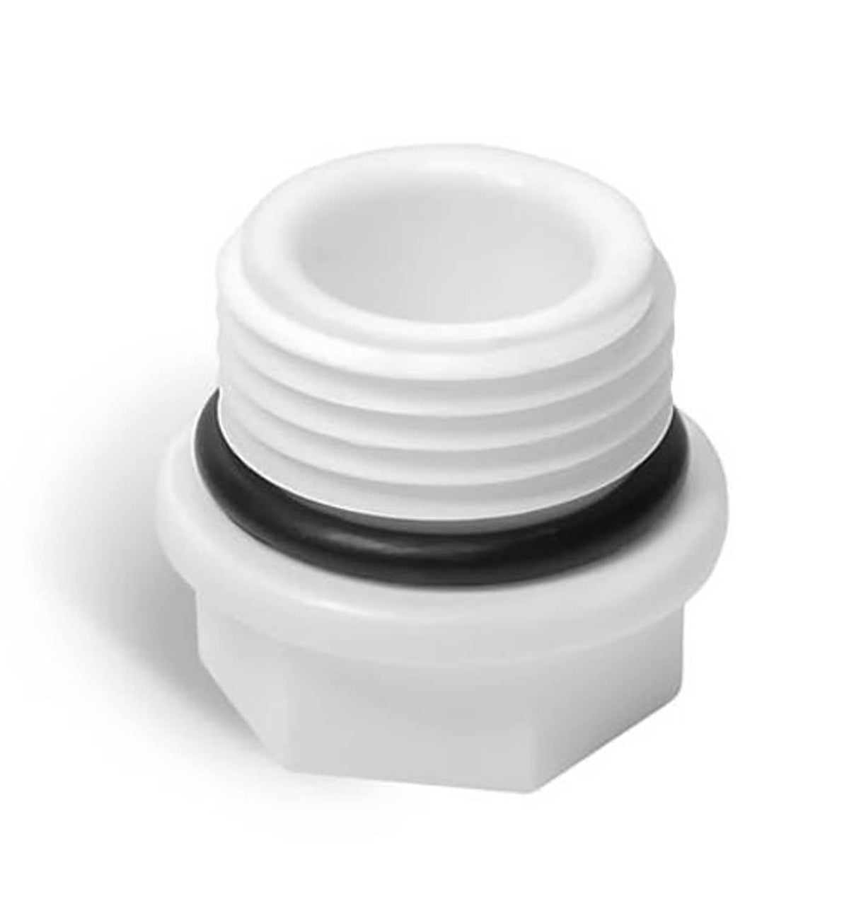 White PVC threaded pipe end cap with black ring and ridged interior, front view