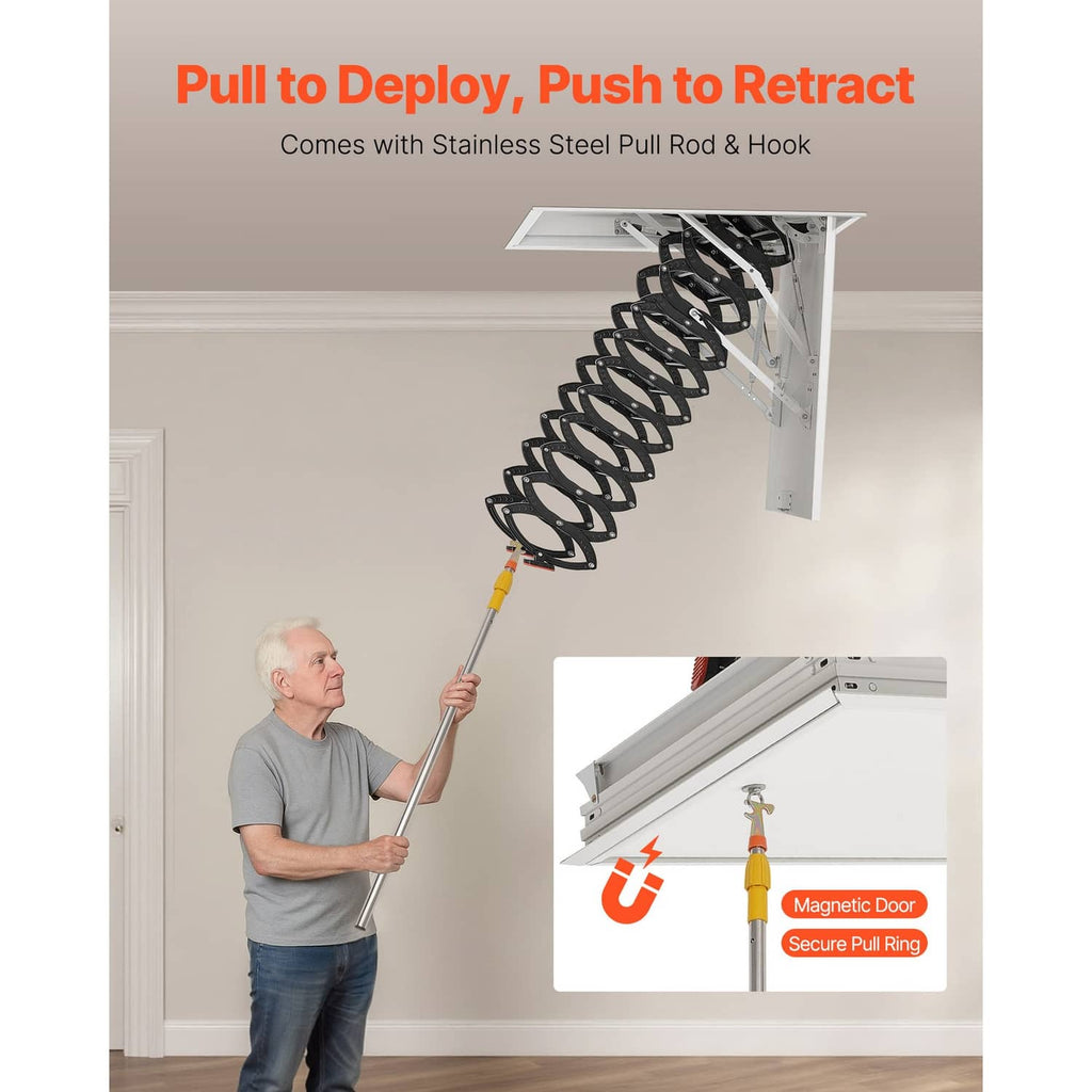 Ceiling attic ladder with pull rod and hook, black circular steps, white frame