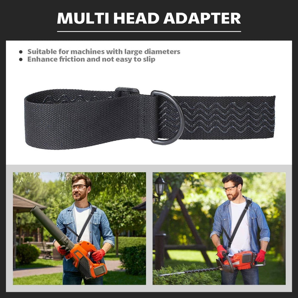 Dark gray multi-head trimmer shoulder strap with contoured webbing and buckle