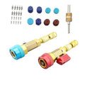Valve core removal tool set with blue and red couplers and assorted valve caps