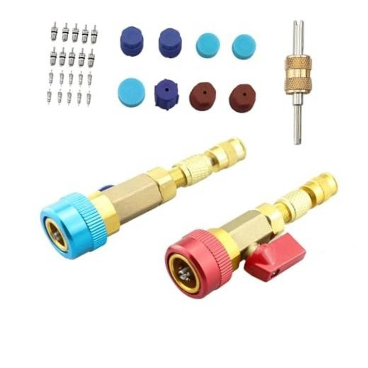 Valve core removal tool set with blue and red couplers and assorted valve caps
