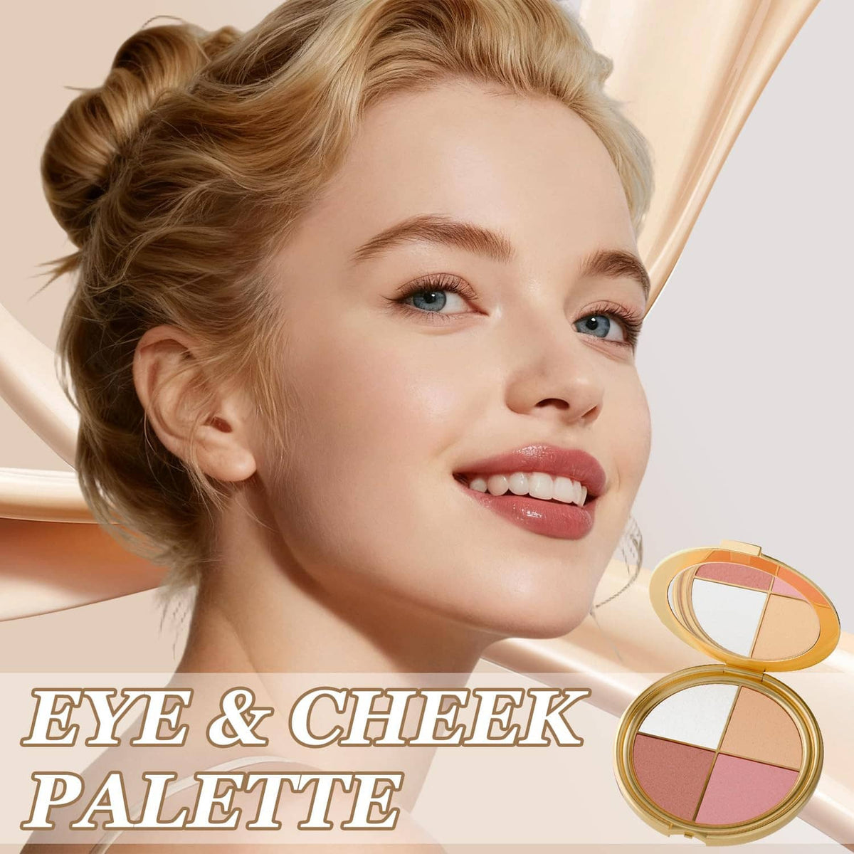 Eye and cheek palette compact shown with four pressed shades next to a smiling model