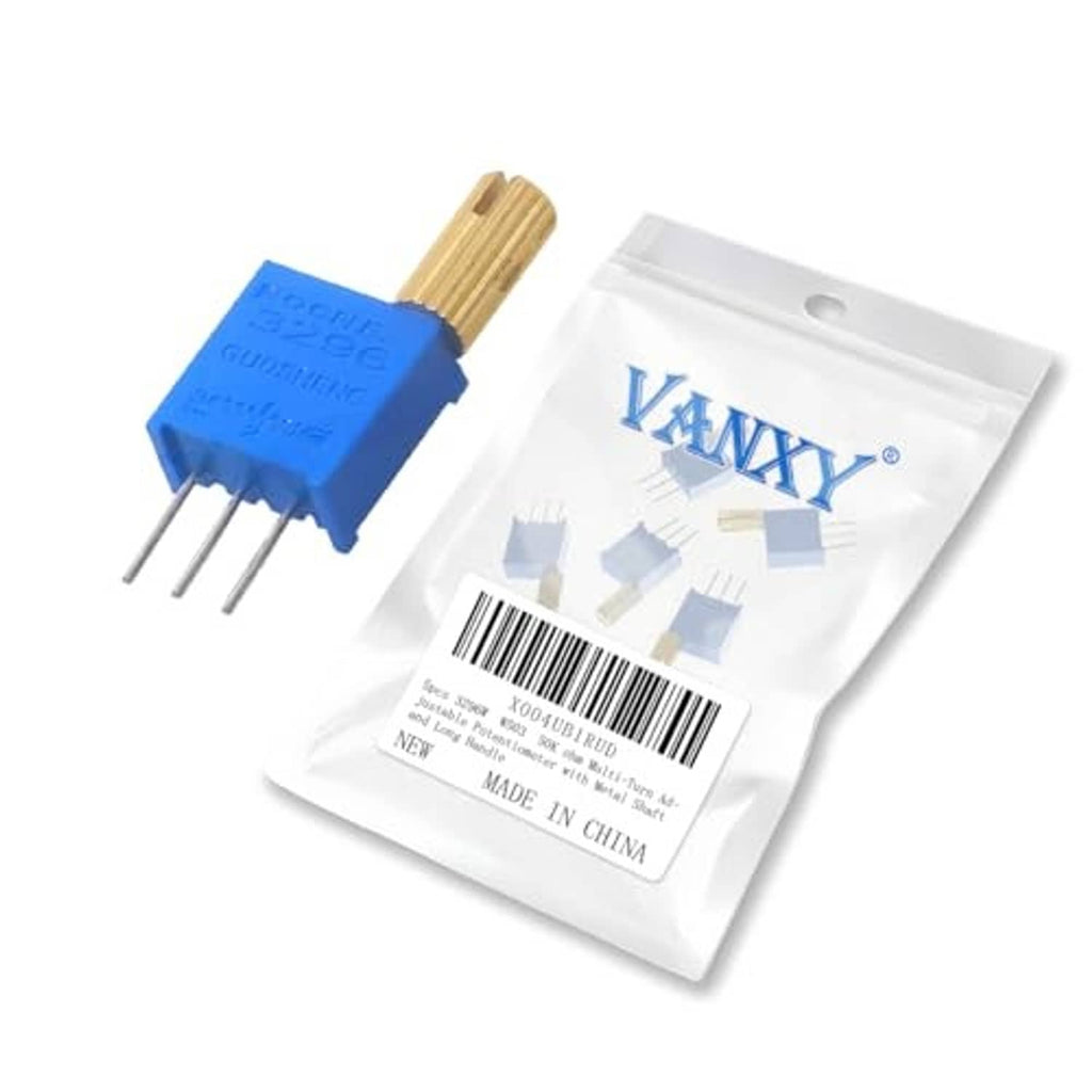 Blue multi-turn adjustable potentiometer with metal shaft and three pin leads