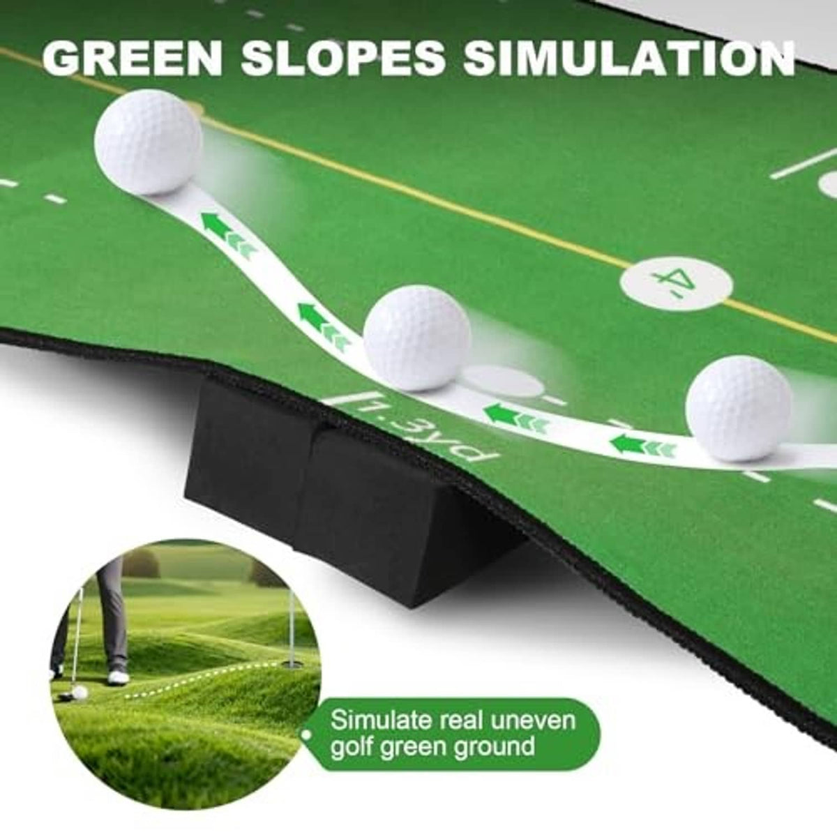 Green golf putting mat close-up with white balls and slope simulation arrow markings