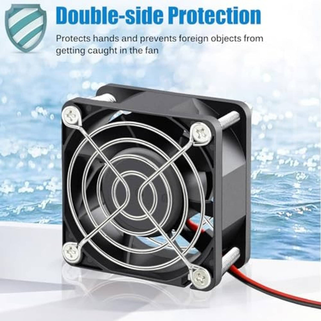 Waterproof cooling fan with protective double-sided metal grille and side power connector