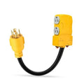 Yellow 4-prong generator plug adapter with two outlets on black power cord