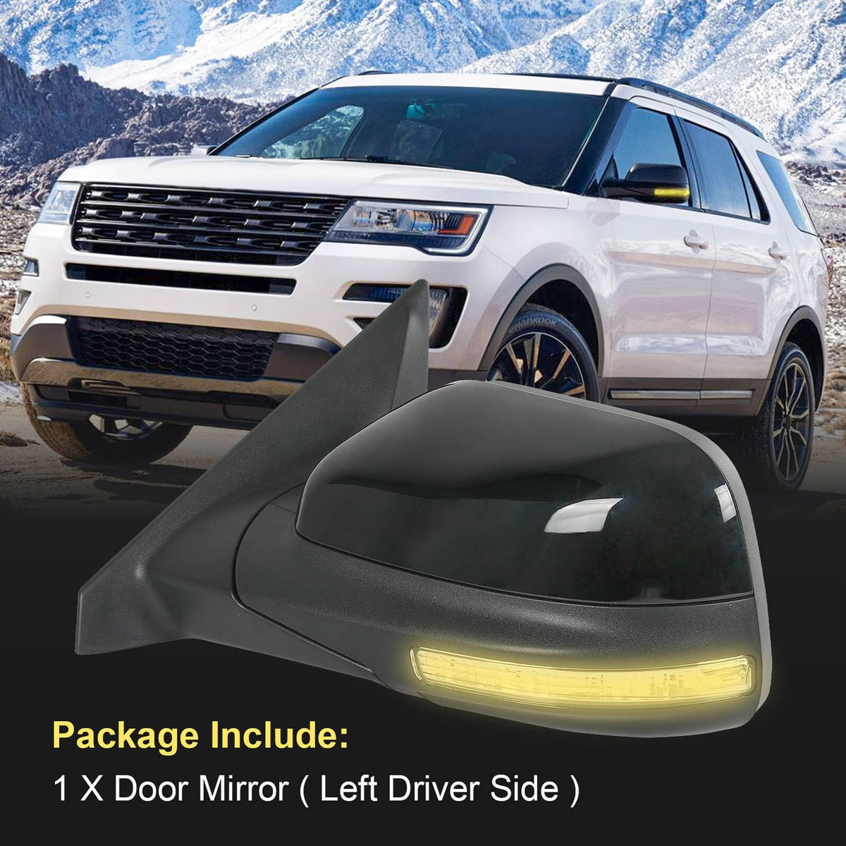 Driver-side mirror with amber LED puddle light glowing beneath black housing