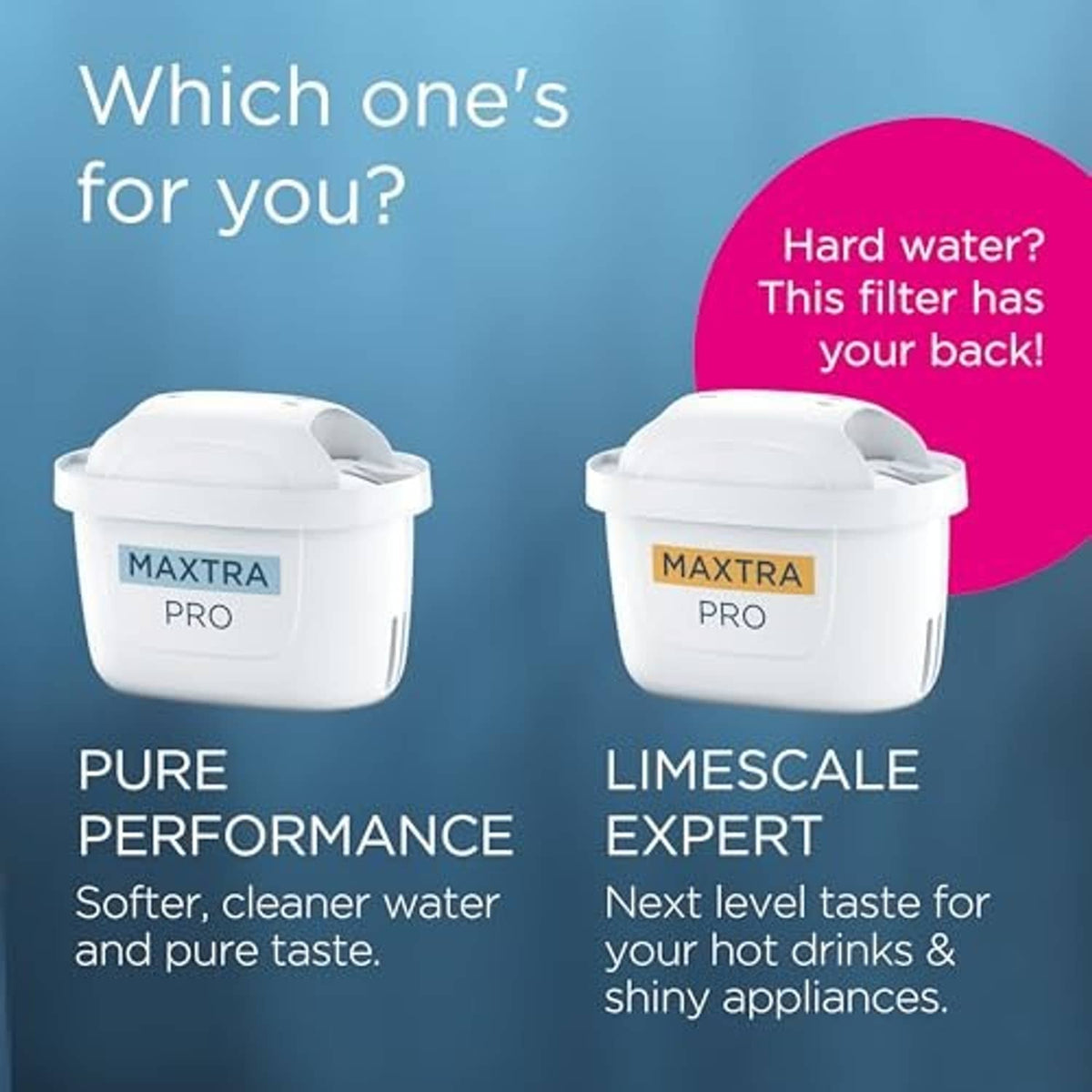 Two white BRITA MAXTRA cartridges: Pure Performance and Limescale Expert
