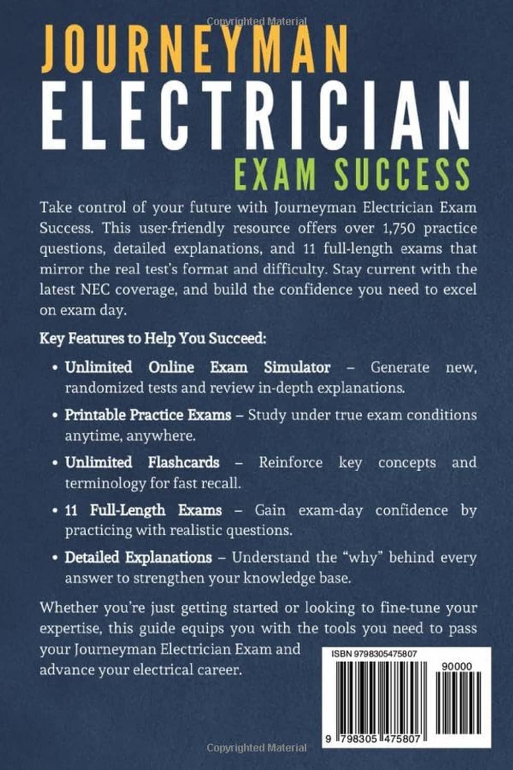 Journeyman Electrician exam success prep book with key features and author text