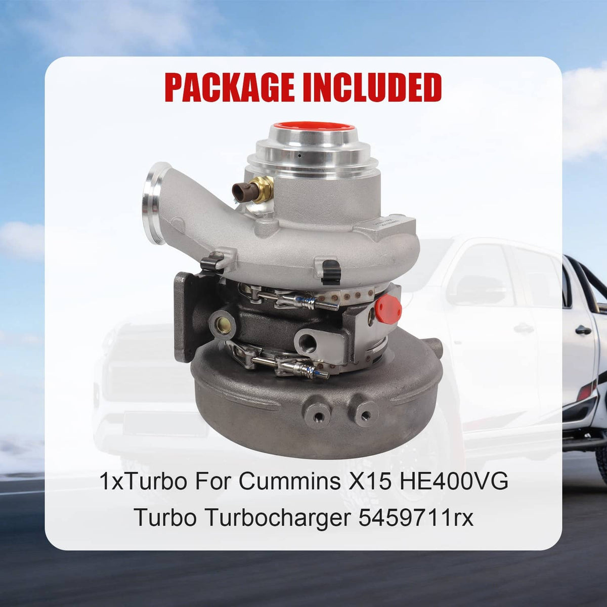 Turbocharger with silver housings and red intake cap, assembled unit with outlet pipe.