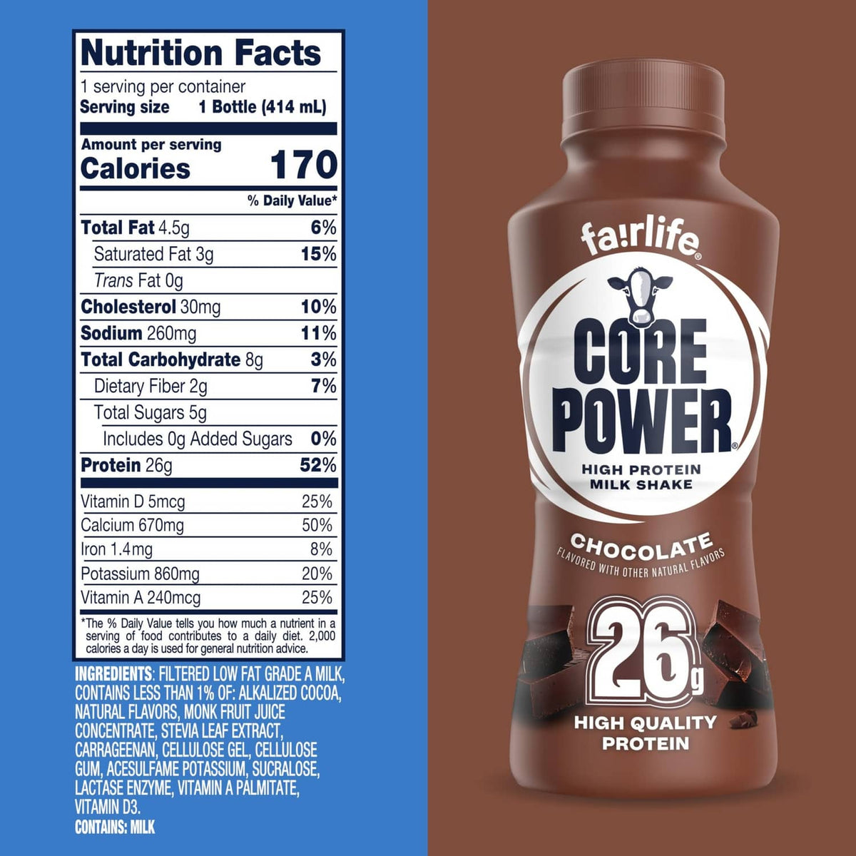 Nutrition facts panel and chocolate protein shake bottle label, 26g protein