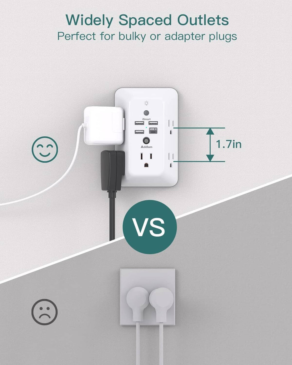 White outlet extender with widely spaced outlets for bulky adapter plugs