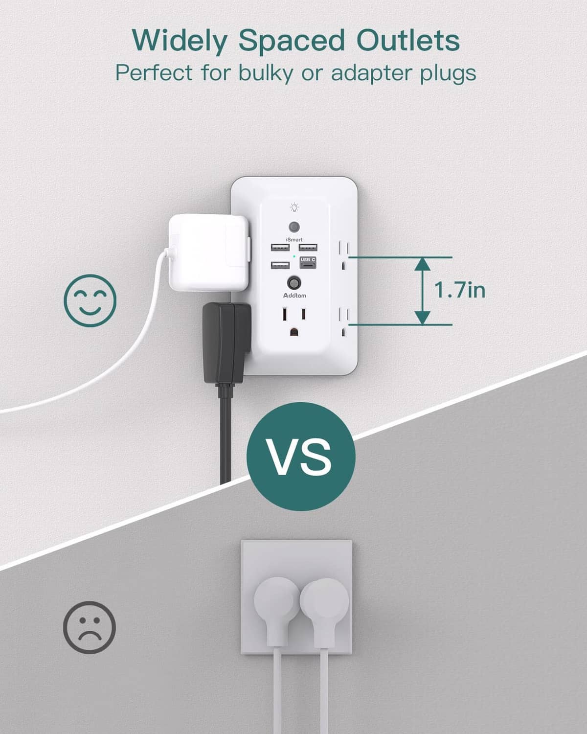 White outlet extender with widely spaced outlets for bulky adapter plugs
