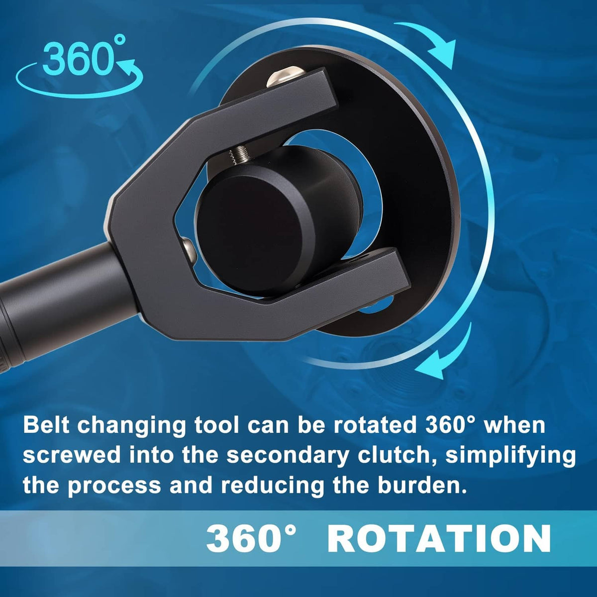 Black belt changing tool with 360-degree rotatable head for secondary clutch