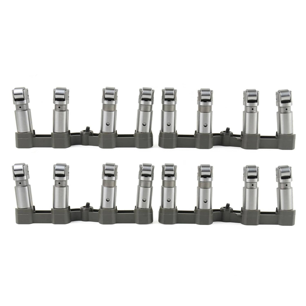 Row of metallic camshaft lifters on gray mounting bases arranged in two lines