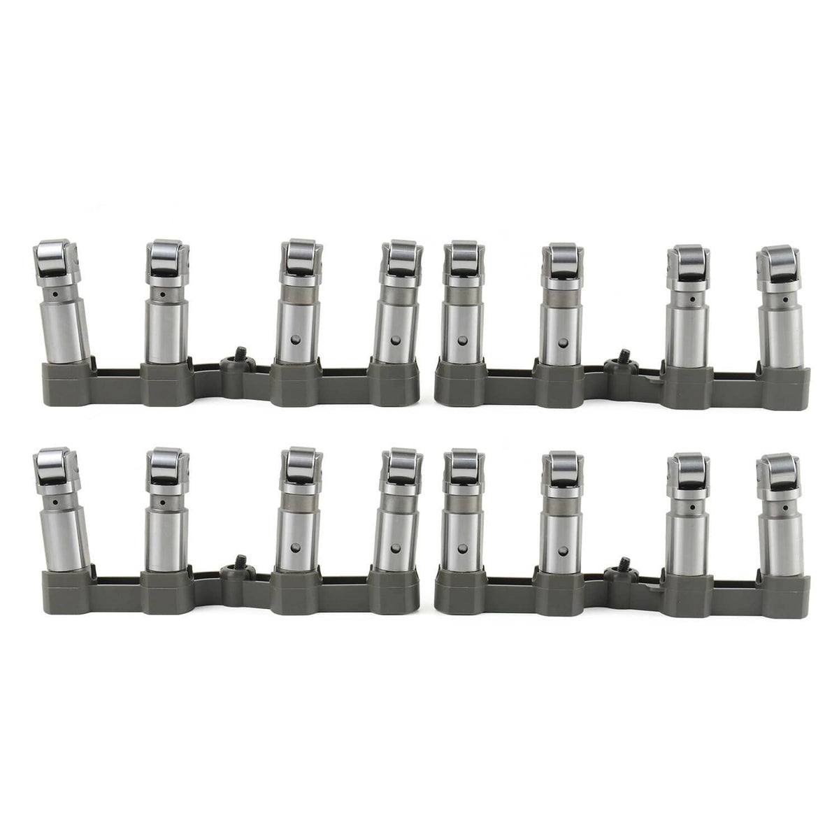Row of metallic camshaft lifters on gray mounting bases arranged in two lines