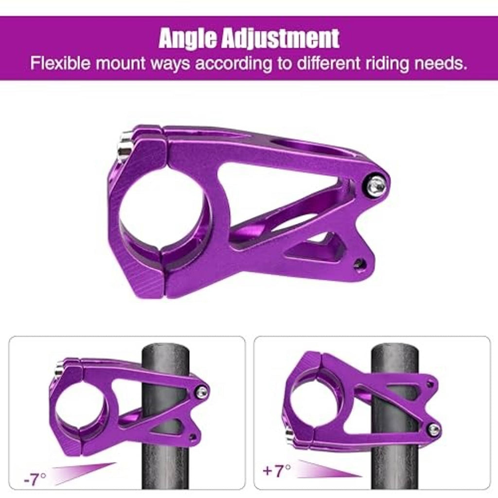 Purple short bike stem, angle-adjust style clamp with faceplate and bolts