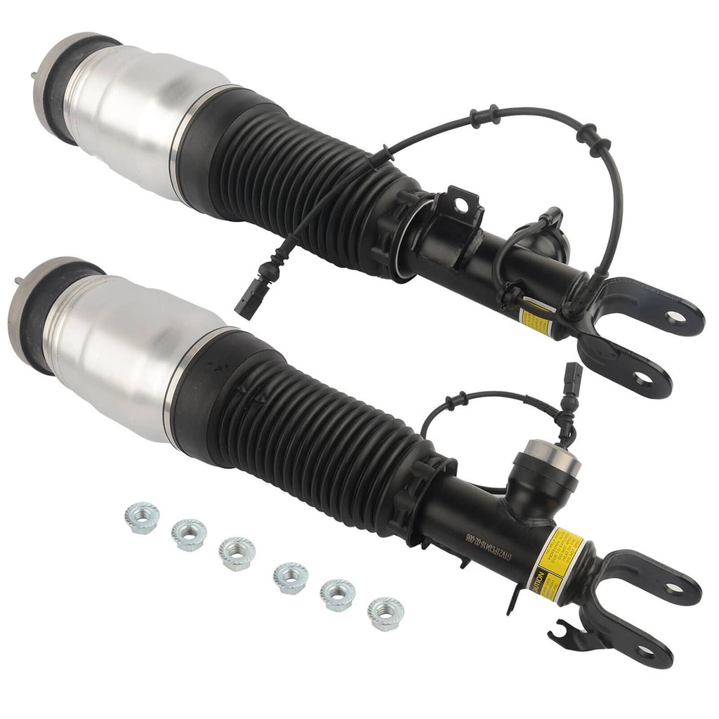Front air suspension strut pair side view with silver cylinders, black bellows, and wiring