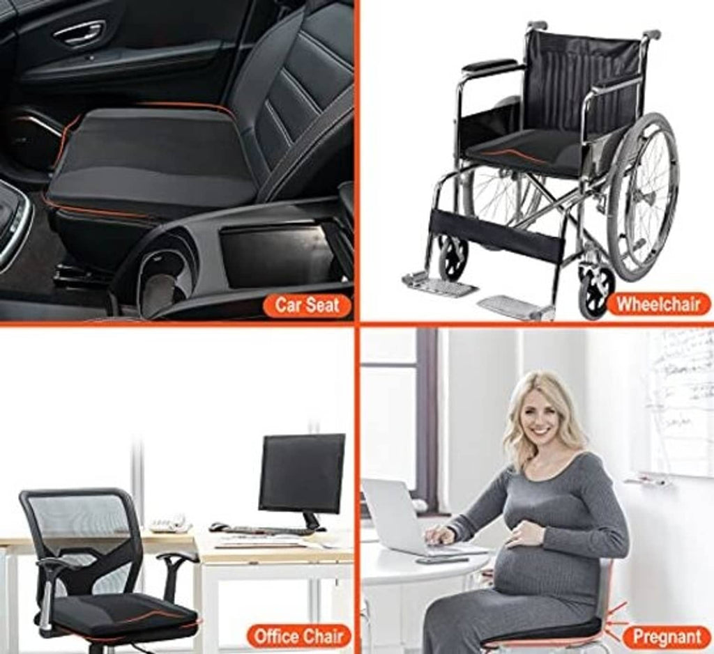 Black car seat cushion with mesh top and orange trim, displayed in multiple uses