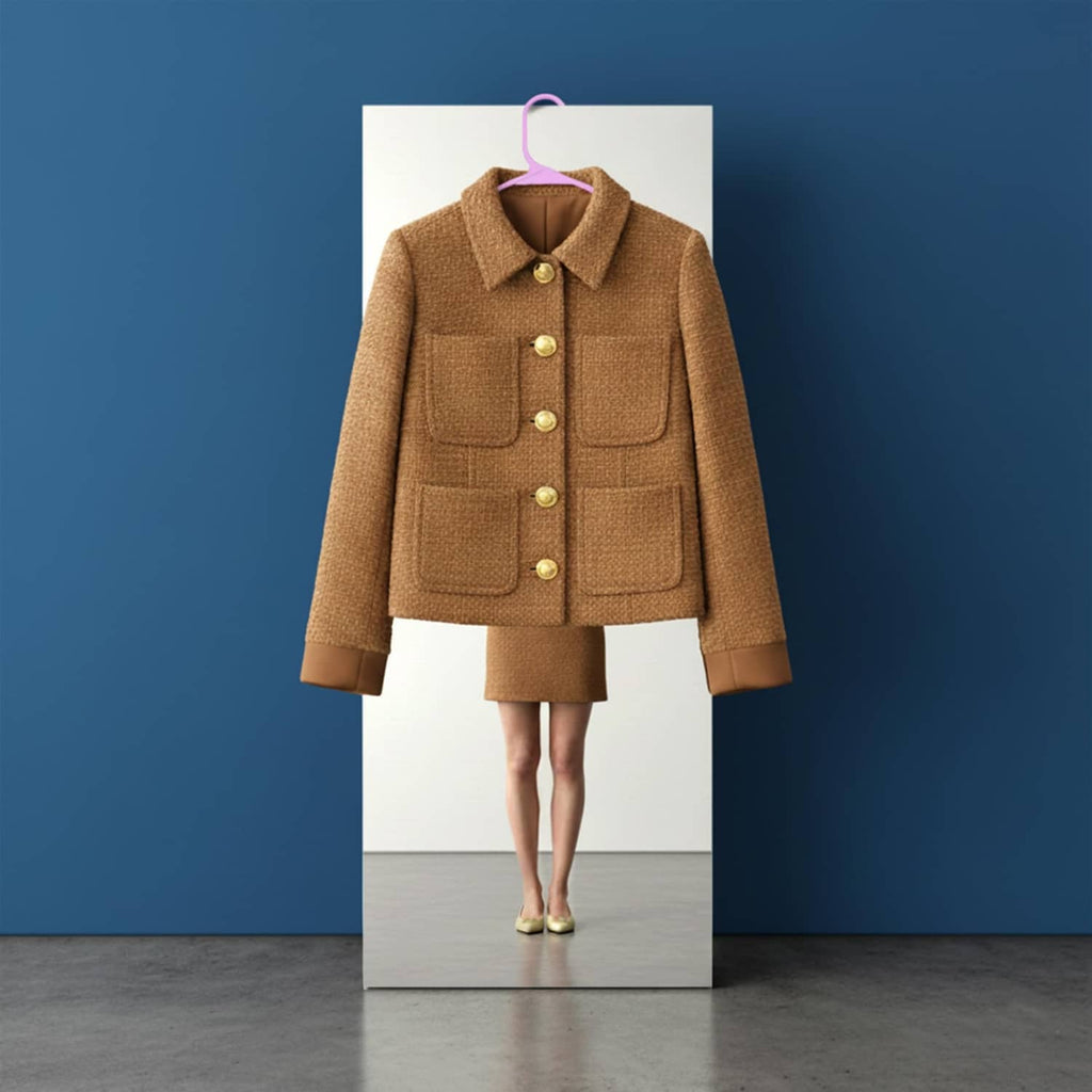 Pink plastic hanger holding a brown jacket on a display stand