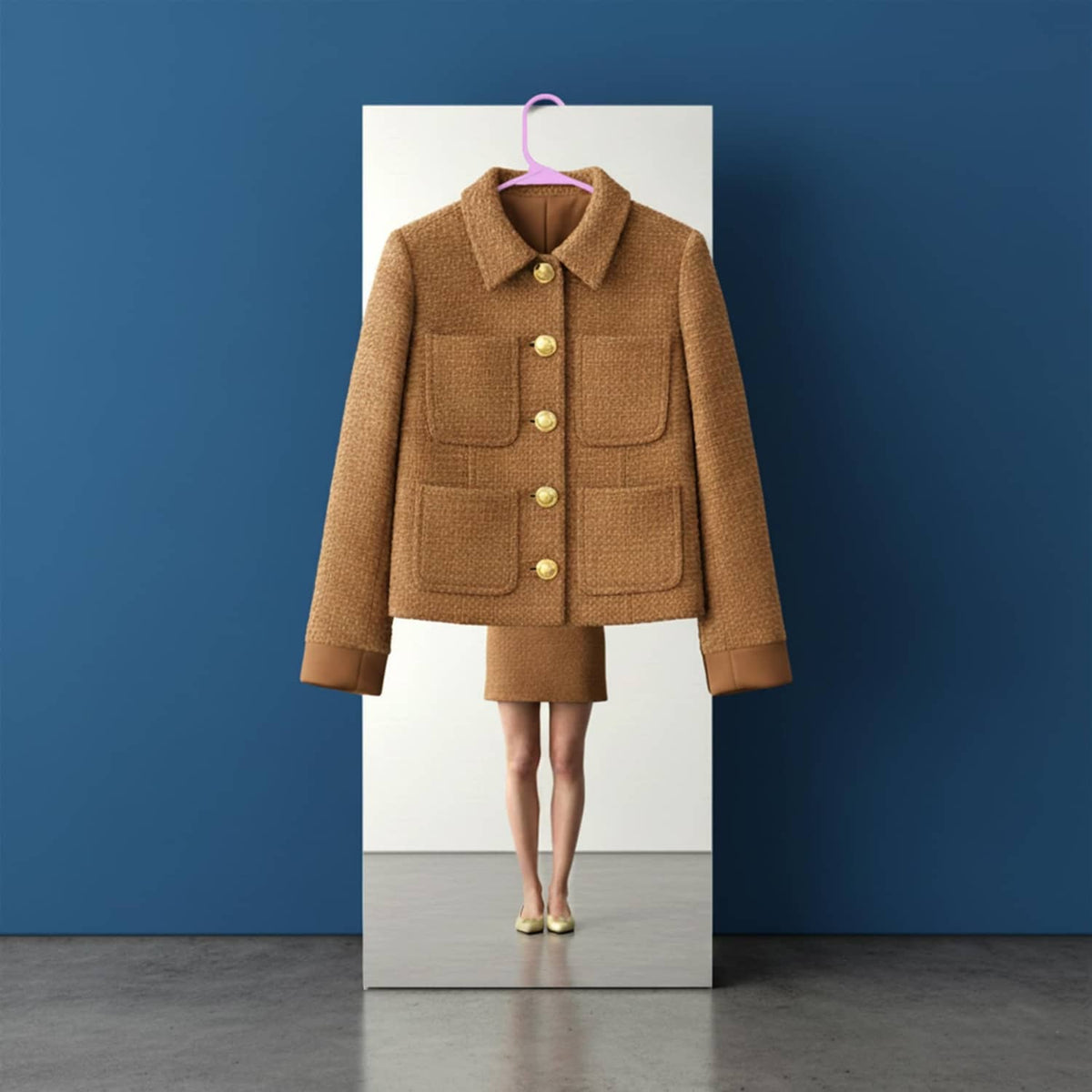 Pink plastic hanger holding a brown jacket on a display stand