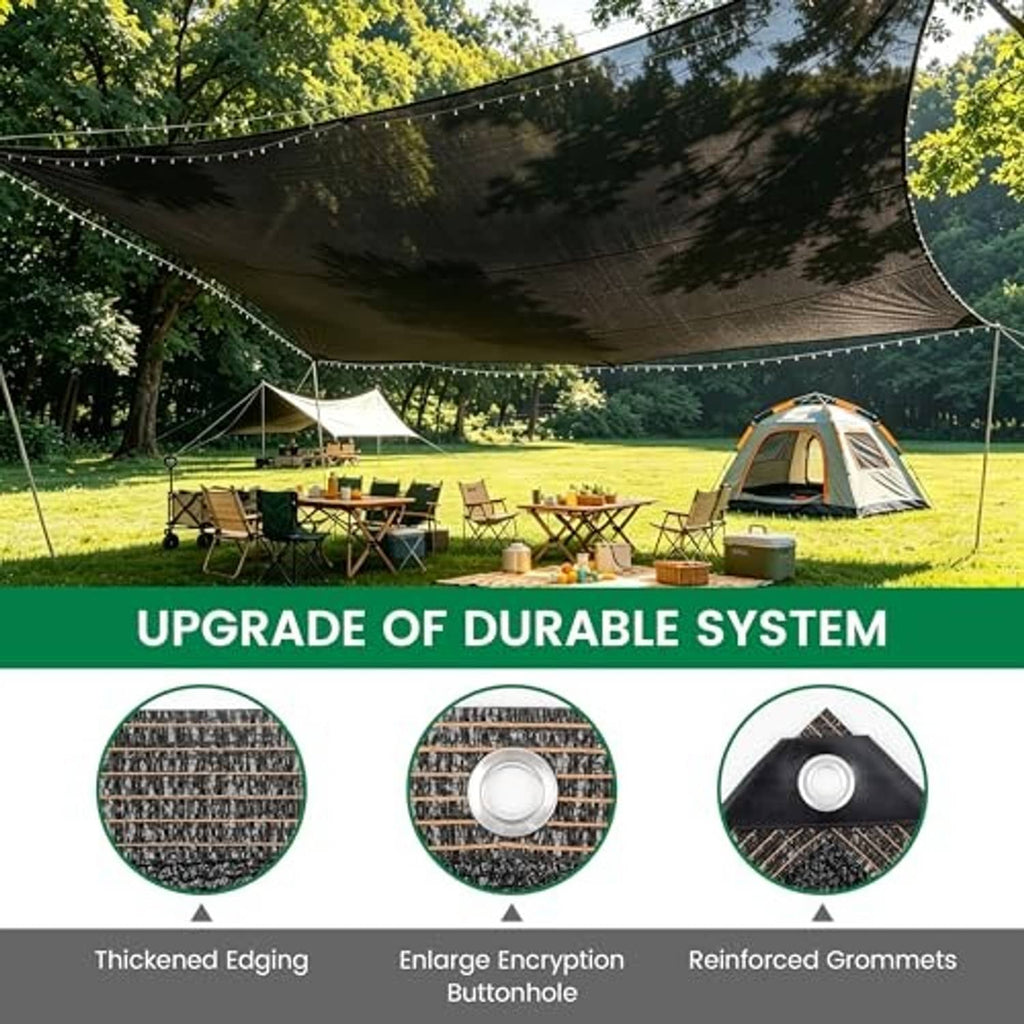 Black 70% shade cloth tarp stretched over outdoor area with rope border