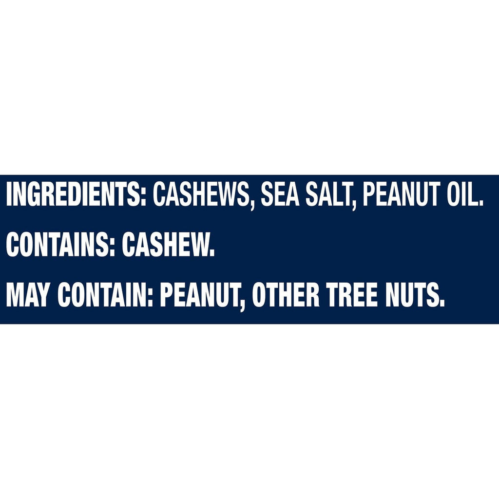 Ingredients and contains statements for salted whole cashews on blue label