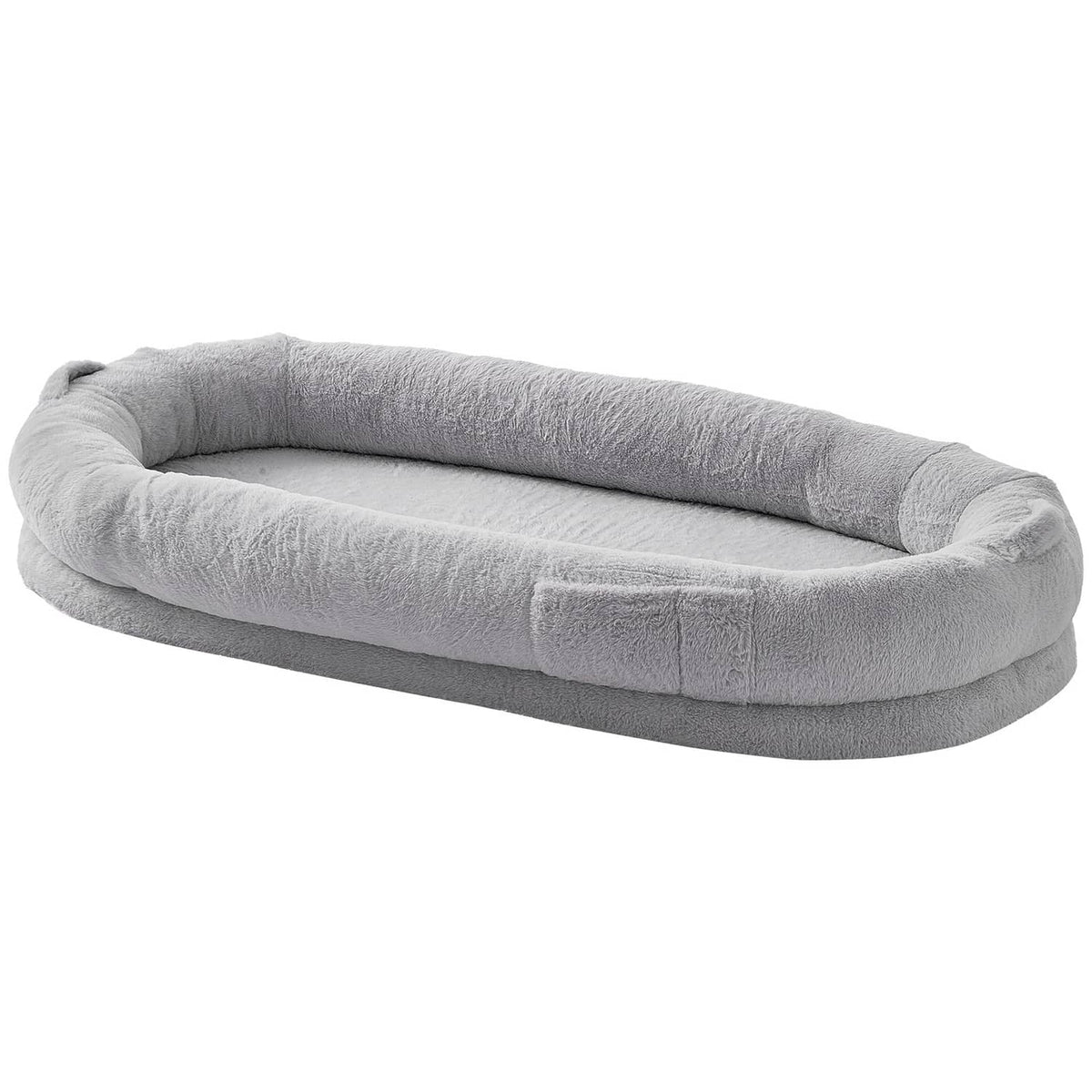 Grey oval dog bed with thick plush bolster and open center for pets to rest.