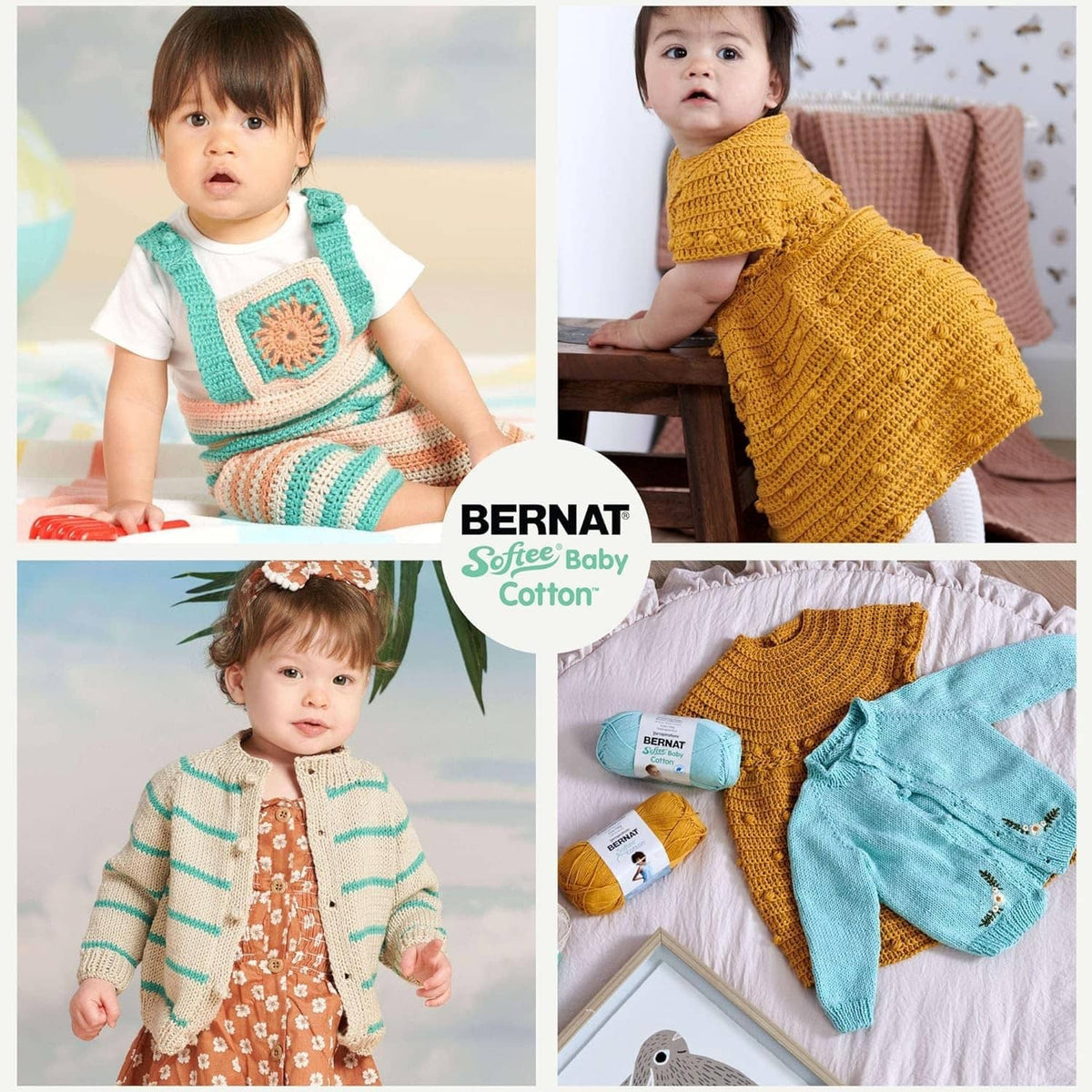 Knitted baby outfits in teal, mustard, and striped designs