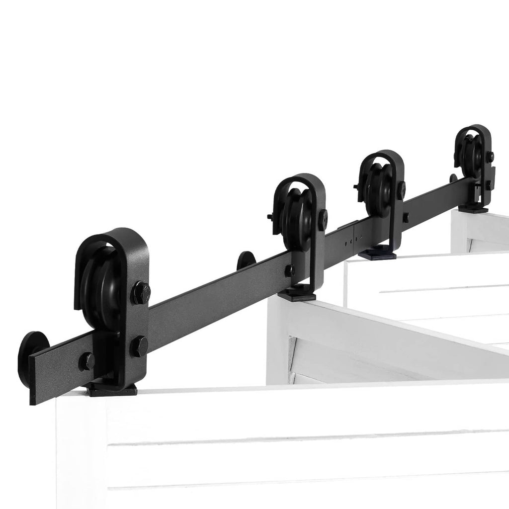 Bi-fold barn door hardware track kit with four black roller hangers on brackets
