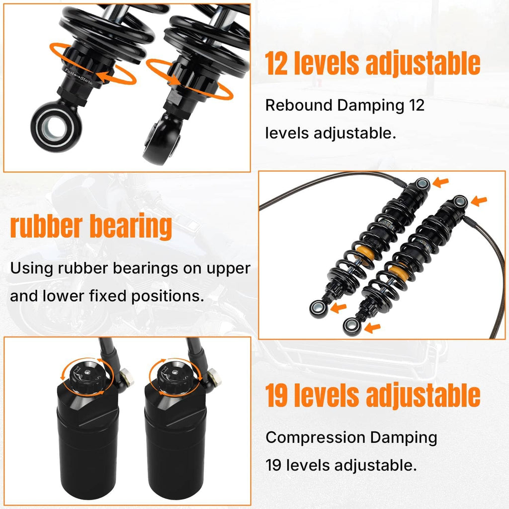 Remote reservoir shocks showing adjustable rebound and compression damping levels, close-up